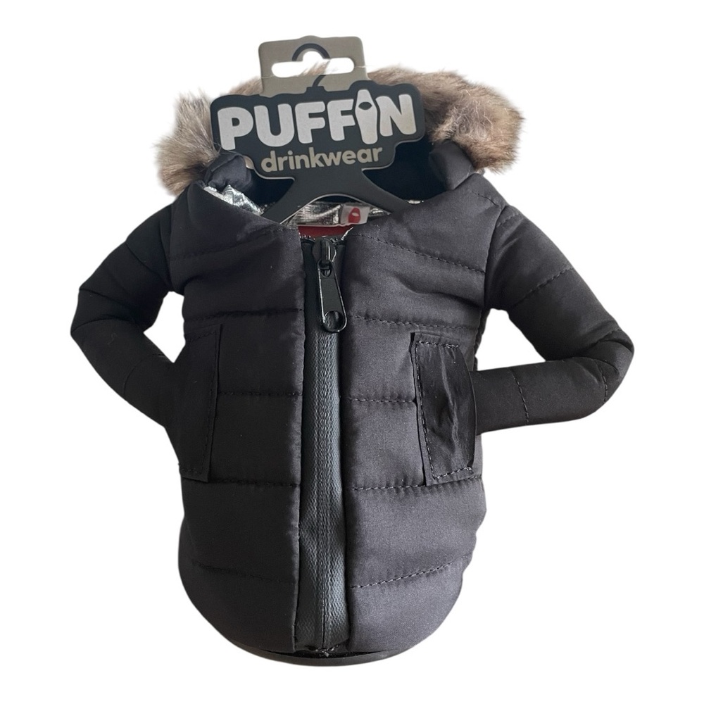 NWT  Puffin Drinkwear The Pakha Black Puffer Jacket Beverage Holder